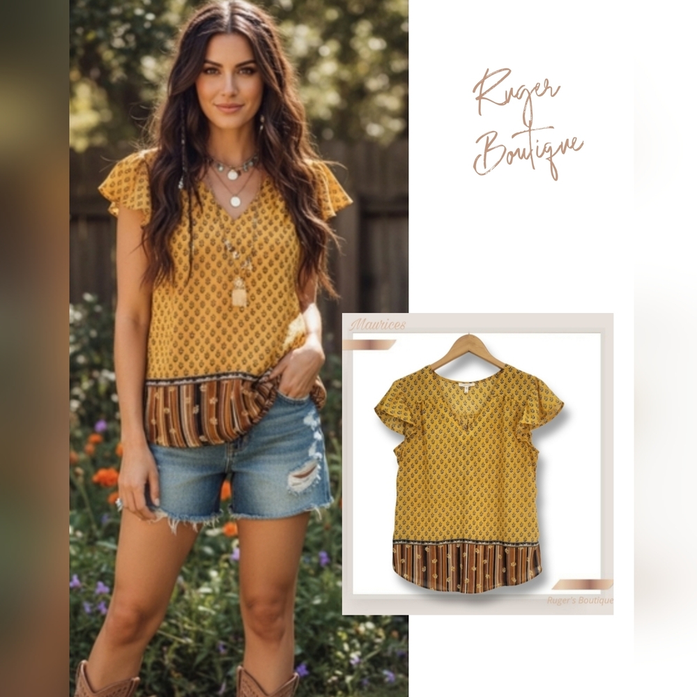 🌿Maurices Women's Medium Yellow Brown Flutter Cap Sleeve Women's Top